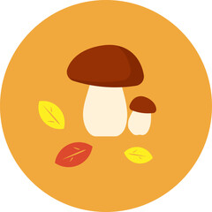Two mushrooms and autumn leaves on the orange background vector illustration.