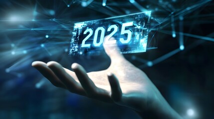 A hand reaching out to touch a futuristic digital display showing the year 2025.