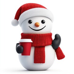 3D cartoon snowman wearing Santa Claus hat and knitted scarf drinking vegan or regular coffee to go