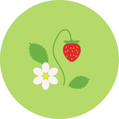 A stawberry with a white flower on the green background. 