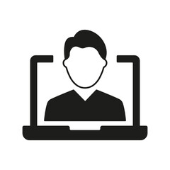 Male Avatar Silhouette Icon on Laptop Screen. Online Communication or Video Call, Virtual Meetings and Remote Interaction. Isolated Vector Illustration