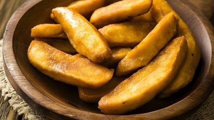Close-up of a bowl of golden brown potato wedges.