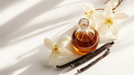 Vanilla extract with vanilla sticks and flowers, copy space, aesthetic white background. Bakery spices. Generative AI