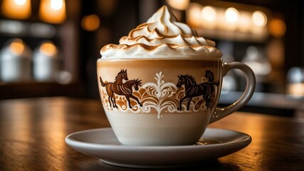 intricate latte art horse design on a creamy cappuccino, ad concept or background