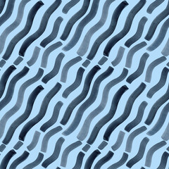 Hand painted watercolor blue indigo wave stripes on blue background. Diagonal waves stripe seamless pattern. For fabric, sketchbook, wallpaper, wrapping paper.