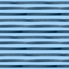 Hand painted watercolor blue indigo striped on blue background. Stripe seamless pattern. For fabric, sketchbook, wallpaper, wrapping paper. bags, cards, banner. Stripes horizontal illustration.