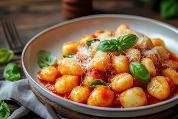 Dish of typical italian potato gnocchi with tomato sauce and cheese, ai