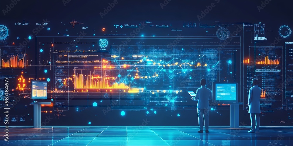 Poster two people stand in front of a wall of screens displaying data and charts.