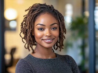 Young woman with dreadlocks smiles confidently in a modern office setting during daytime