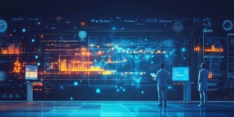 Obraz premium Two people stand in front of a wall of screens displaying data and charts.