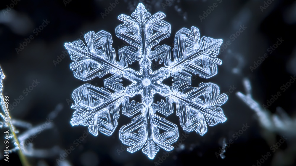 Poster a delicate snowflake with intricate details, captured in close-up.