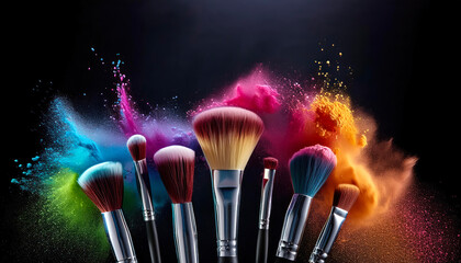  Some brushes make up with colorful powder concept on a black background, studio. 