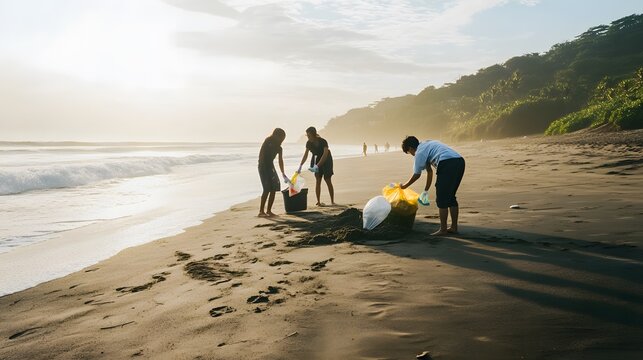 A group of people clean up a beach, collecting trash in bags and a bucket.