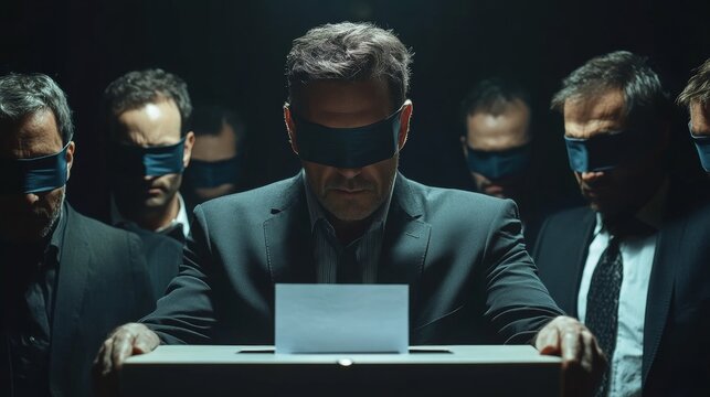 Blindfolded people voting, manipulated by politics and the media.	