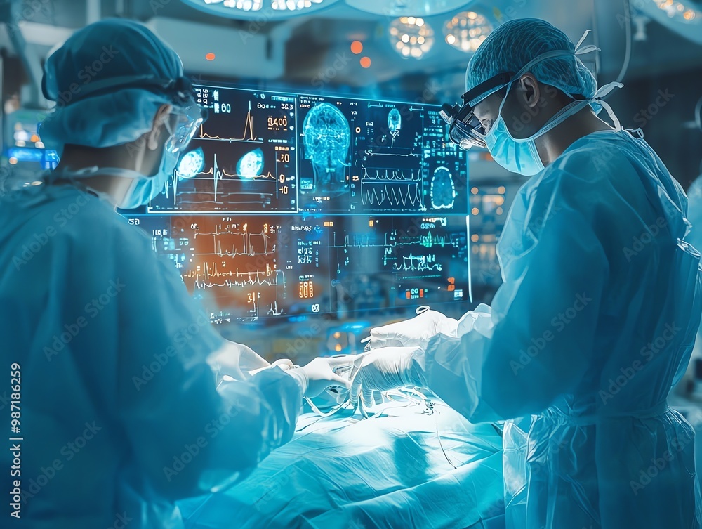Aufkleber two surgeons in an operating room perform a procedure while monitoring vital signs and a brain scan 