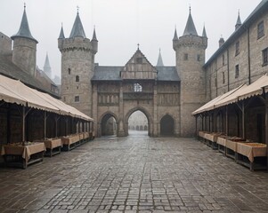 Obraz premium Deserted Medieval City Square: Gloomy Market Stalls and Cold Wind