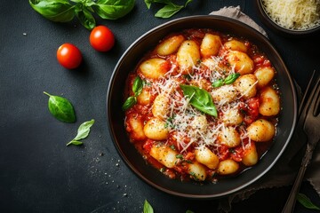 Dish of typical italian potato gnocchi with tomato sauce and cheese, ai