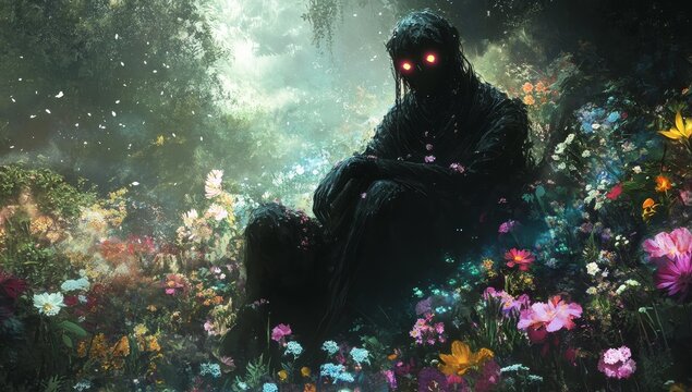 Dark figure with glowing eyes amidst blooming flowers.