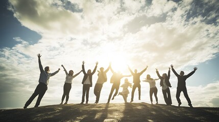 Silhouettes of people jumping in the air with their arms raised high in the sky.