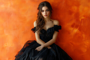 A model poses in a studio wearing a revealing black vampire costume with a gothic and seductive aesthetic. Set against an orange background, the Halloween-inspired look emphasizes dark fantasy and all