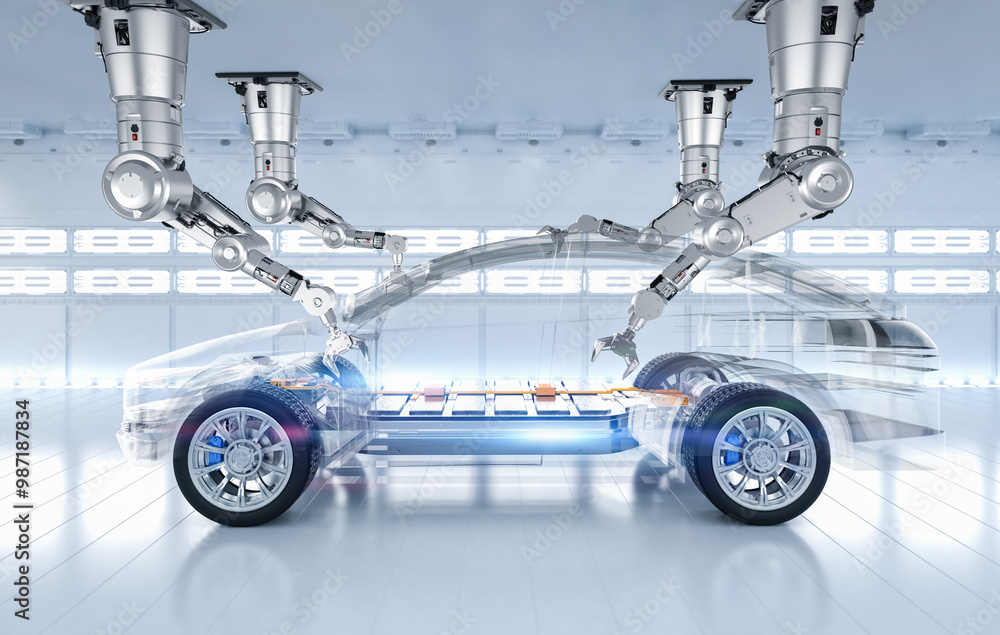 Poster robot assembly line with electric car battery cells module on platform