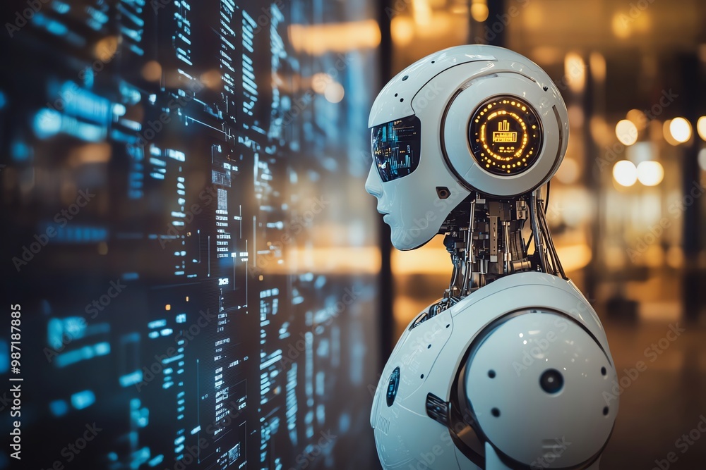Poster white humanoid robot with glowing orange eye looking at a digital display filled with data.