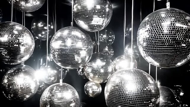 Disco party balls silver in nightclub. Silver mirror disco ball at a party or celebration. Lighting design on the stage of the birthday party in the club. Abstract background of retro disco ball. 4k