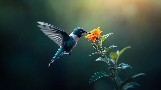 hummingbird feeding on orange flower