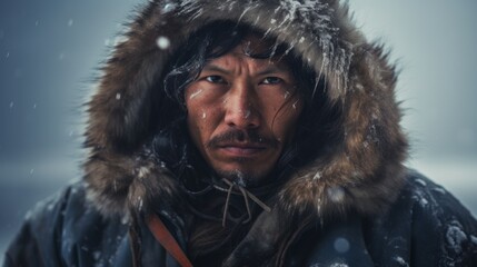 Eskimo male hunter with fur hood and warm clothes in winter scenery. Neural network ai generated art