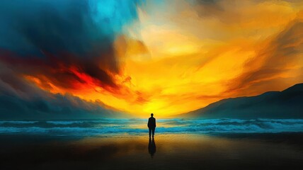 Fototapeta premium A silhouette stands at the water's edge, gazing at a vibrant sunset, where dramatic clouds merge with brilliant colors reflecting on the ocean.