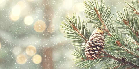 A pine branch dusted with snow displays a single cone while snowflakes fall softly amidst blurred winter lights
