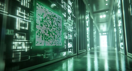 Fototapeta premium Green background QR code floating in front of server racks in data center.