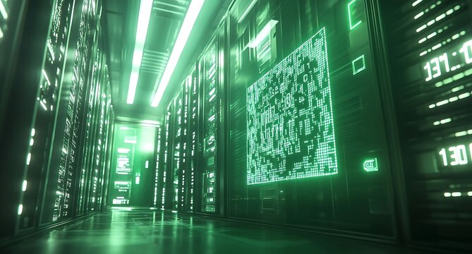 Green background QR code floating in front of server racks in data center.