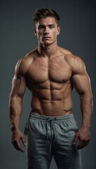 Fototapeta premium Handsome man showcasing muscular physique in a studio setting with dramatic lighting while completely undressed.