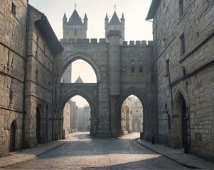 Obraz premium Medieval City Gate at Dawn: Half-Raised Portcullis and Silent Streets