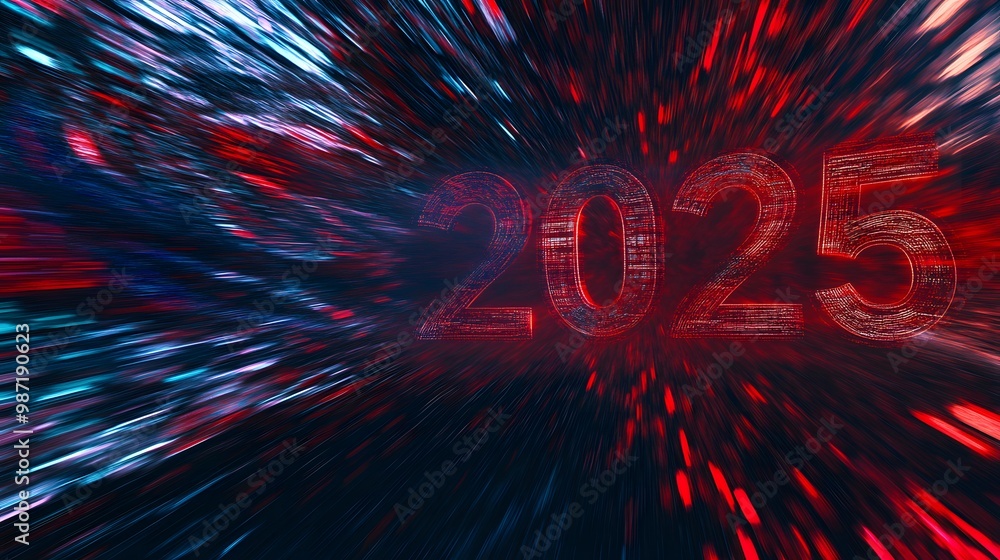 Poster the year 2025 is represented by a glowing red number set against a background of digital data.