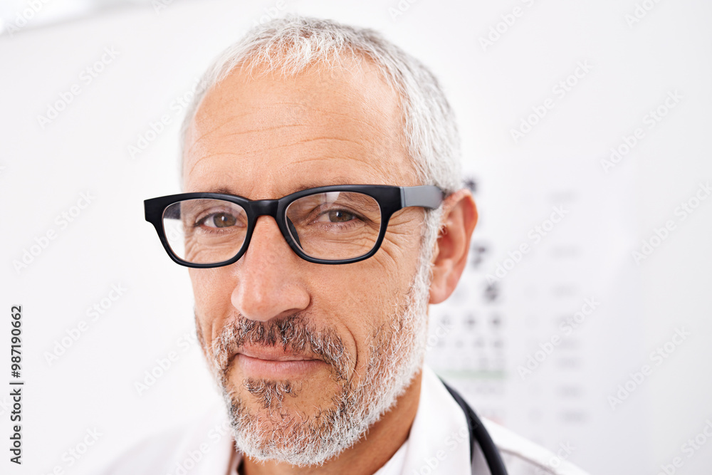 Poster Doctor, portrait and confidence in hospital for optometry, healthcare or medical service with glasses. Mature man, optometrist and smile in clinic for eye care, wellness or ocular health professional