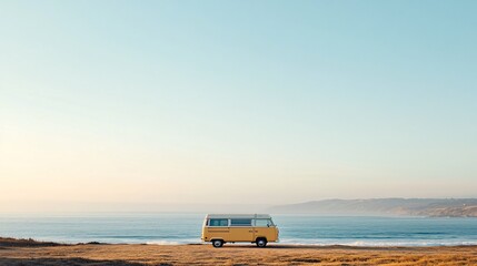vintage yellow camper van by the ocean