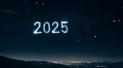 Fototapeta premium The year 2025 written in the night sky with stars and a distant city.