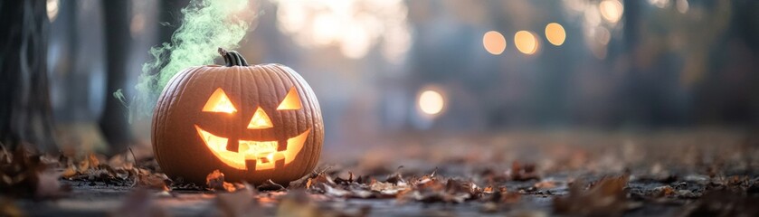 Obraz premium Jack o Lantern with a menacing grin glowing green smoke pouring out of its mouth