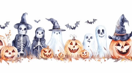 Fototapeta premium Aesthetic halloween watercolor mockup with pumpkins, ghosts, skeletons, pastel light colors and backdrop. Generative AI