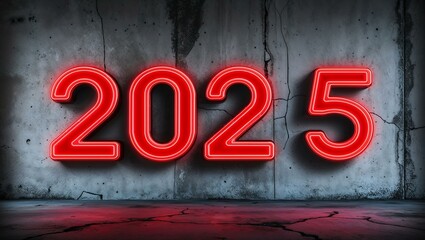 vibrant red 2025 in neon lettering bold font background