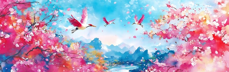 Vibrant colorful Landscape with Cherry Blossoms and Flying Cranes, Spring Scene - Generative AI