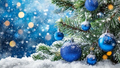 christmas tree branches and blue balls decoration in snow fall