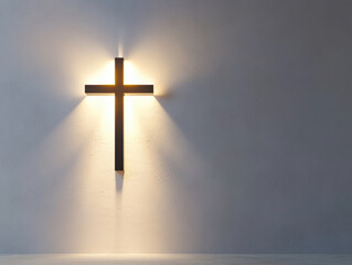 Naklejka premium Wooden cross on wall illuminated by sunlight