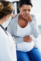 Hospital, stress and pregnant woman with doctor for support, comfort and empathy for medical...