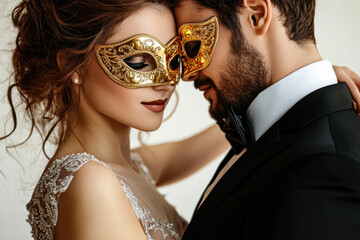 Romantic masked couple embracing in elegant attire