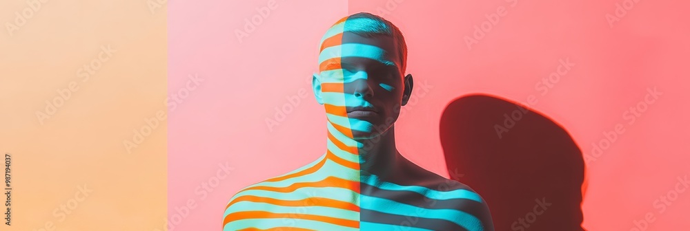 Poster abstract portrait of a man with striped shadow effects in bright contrasting light. concept of diver