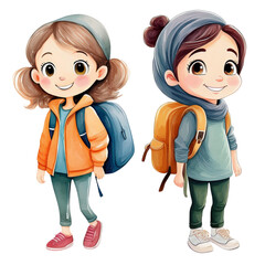 Adorable cartoon illustration of two young girls with backpacks, dressed casually, expressing a playful and cheerful vibe.