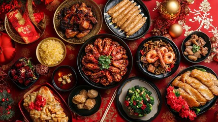 A lavish Chinese New Year feast with traditional dishes, set on a festive table decorated with red and gold accents. Ideal for depicting family gatherings and New Year celebrations.
